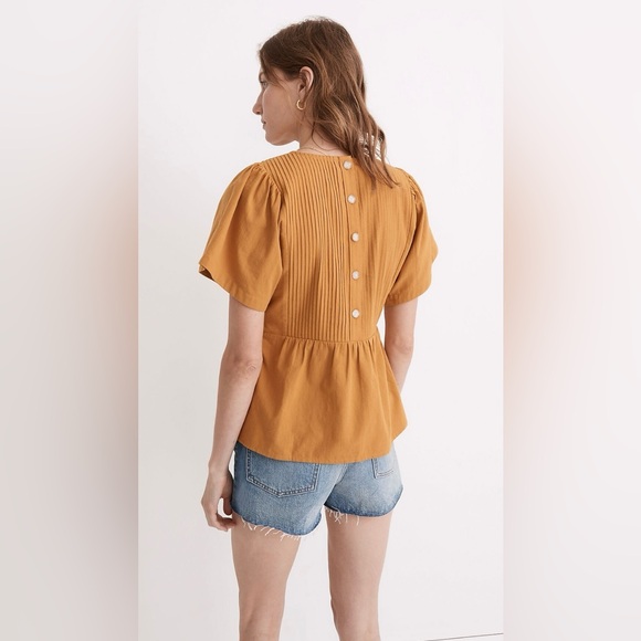 MADEWELL Pleated Flutter Sleeve Peplum Top in Vintage Gold, L - Picture 7 of 10